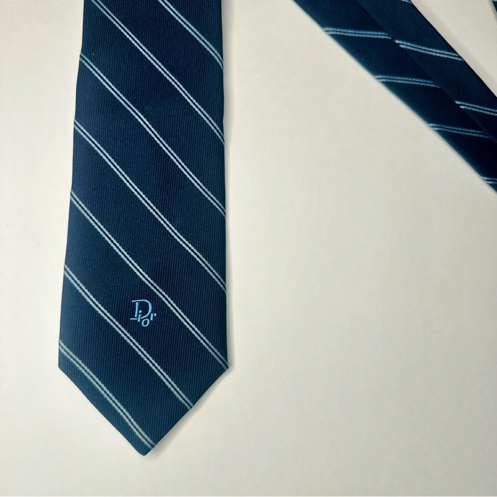 Vintage DIOR Embroidered Navy Blue Striped Classic Tie, 3”